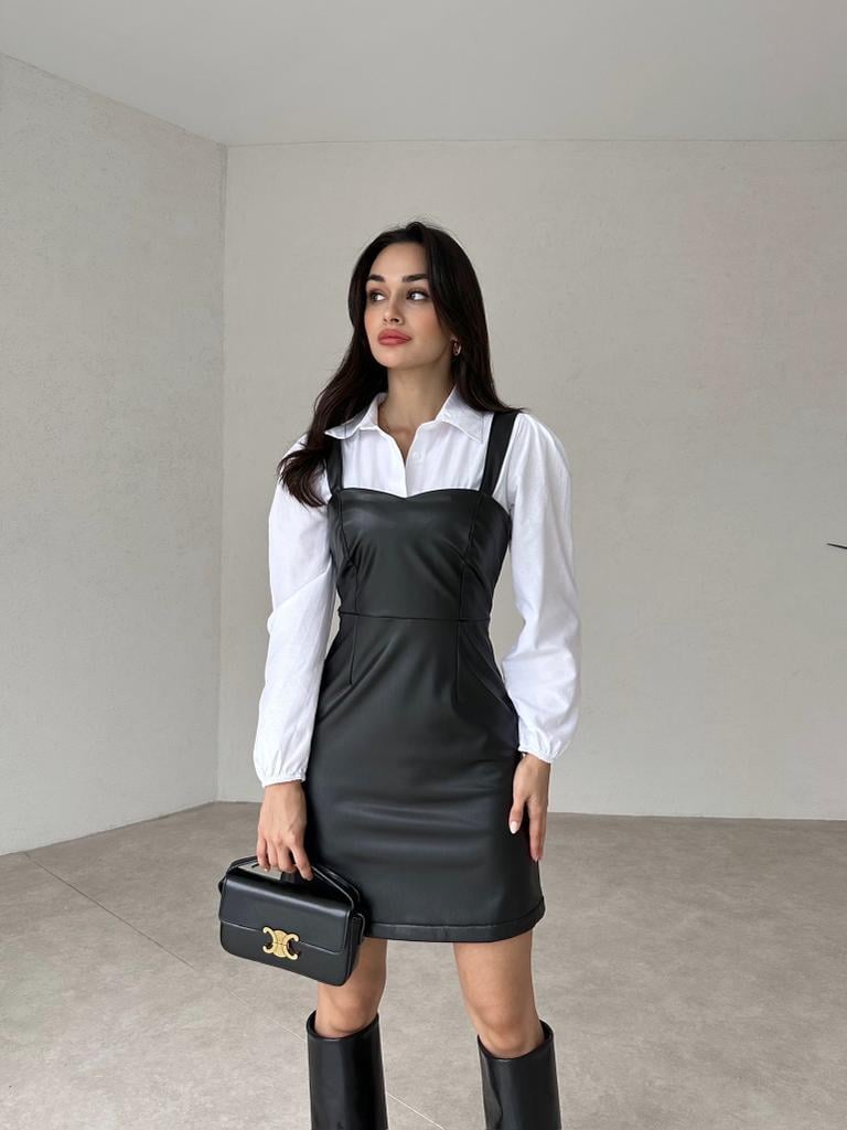 Gömlekli Mini Deri Elbise - SİYAH