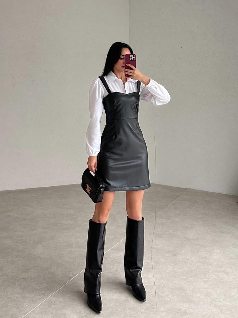 Gömlekli Mini Deri Elbise - SİYAH