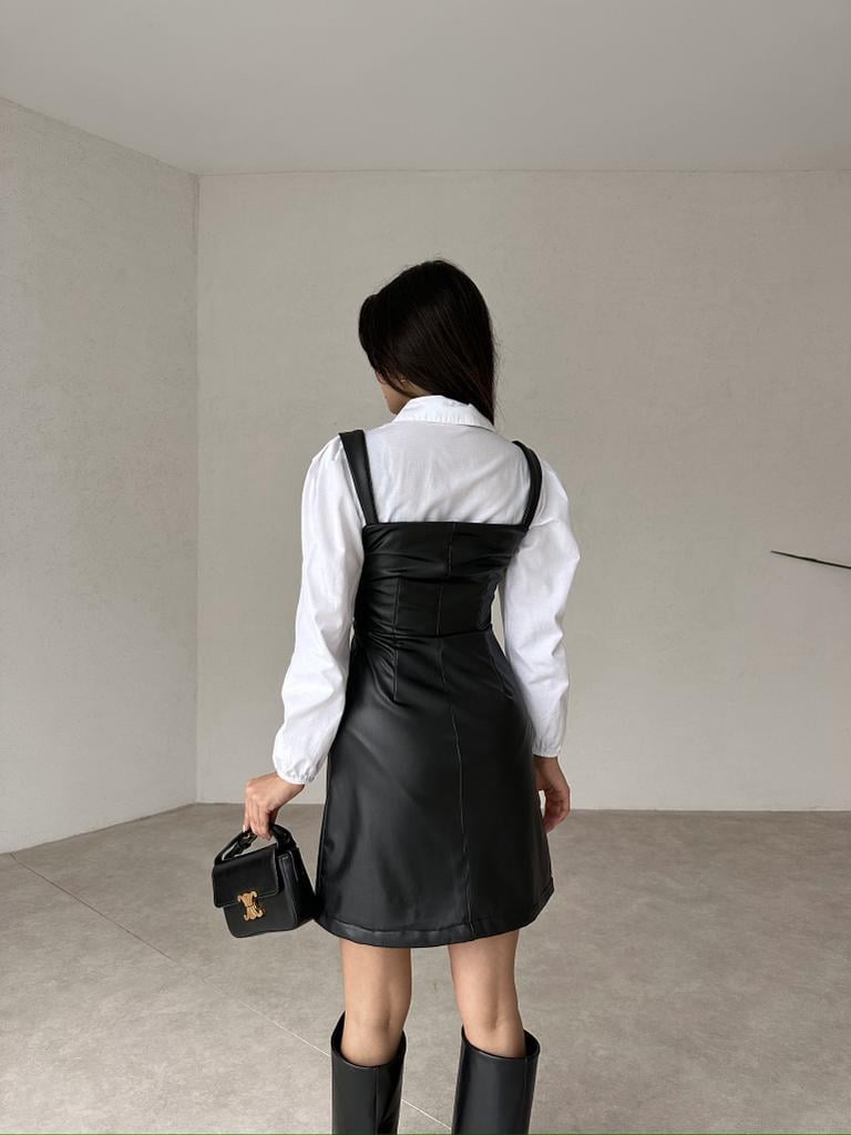 Gömlekli Mini Deri Elbise - SİYAH