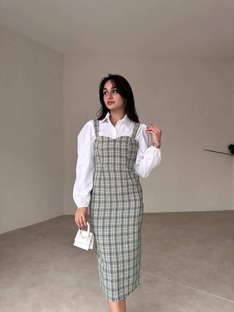 Gömlekli Tüvit Midi Elbise - YEŞİL