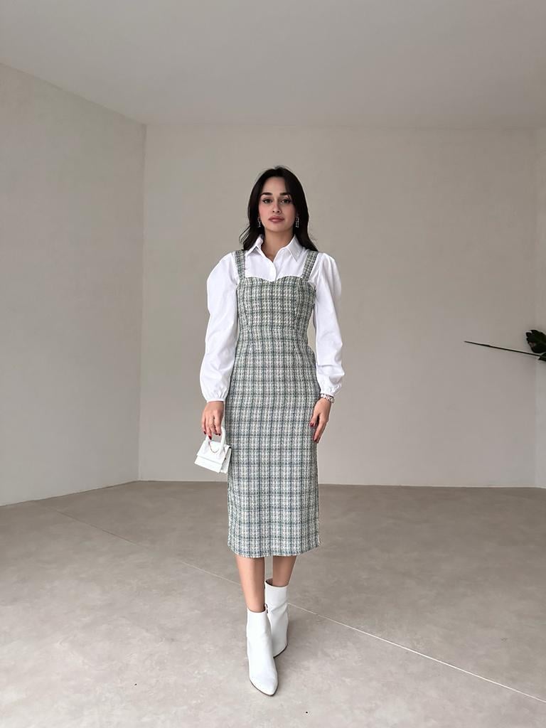 Gömlekli Tüvit Midi Elbise - YEŞİL