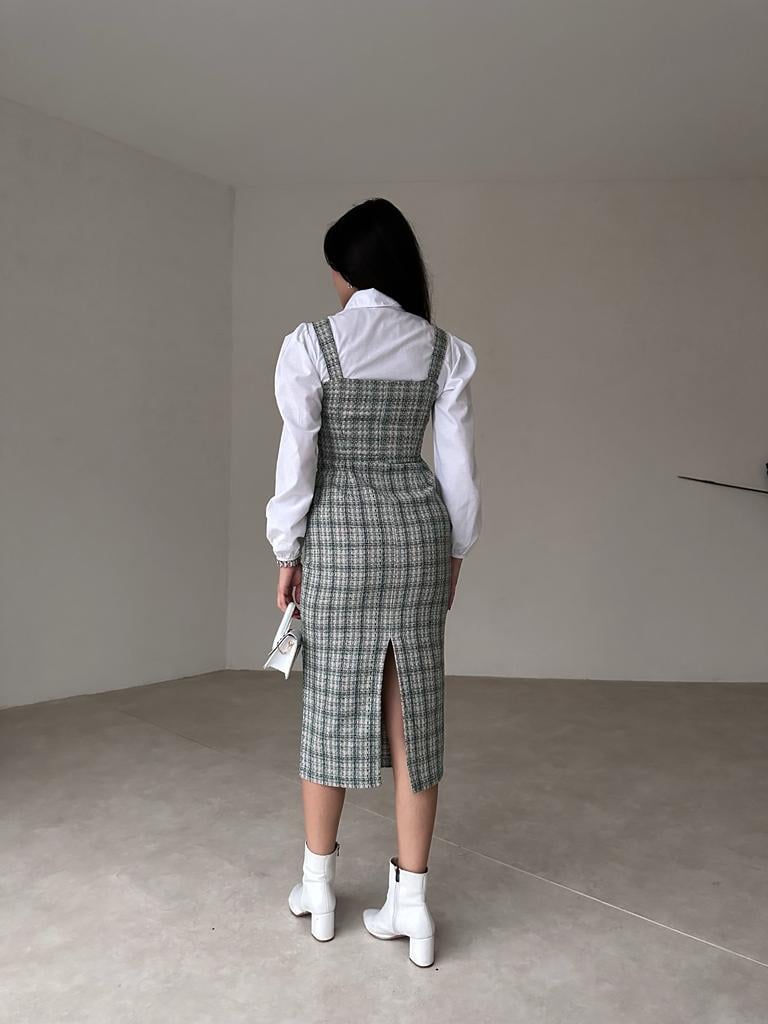 Gömlekli Tüvit Midi Elbise - YEŞİL