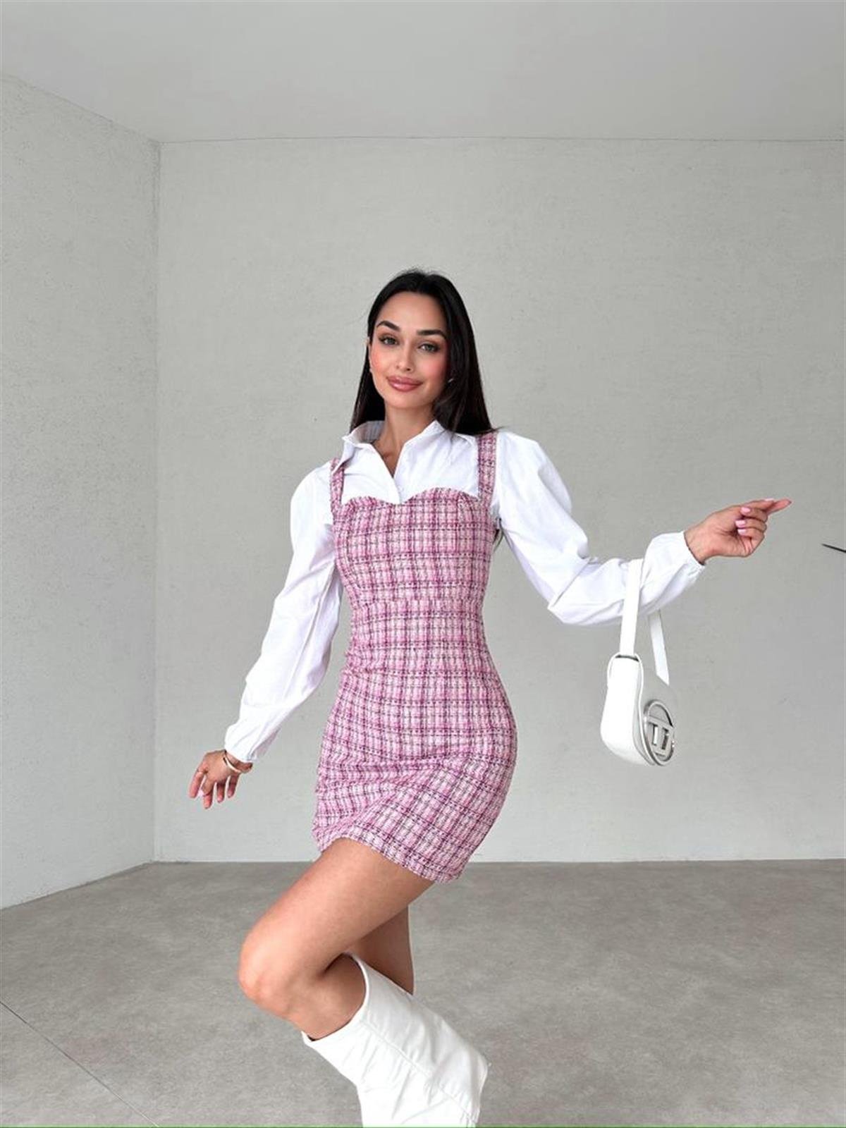 Gömlekli Tüvit Mini Elbise - PEMBE