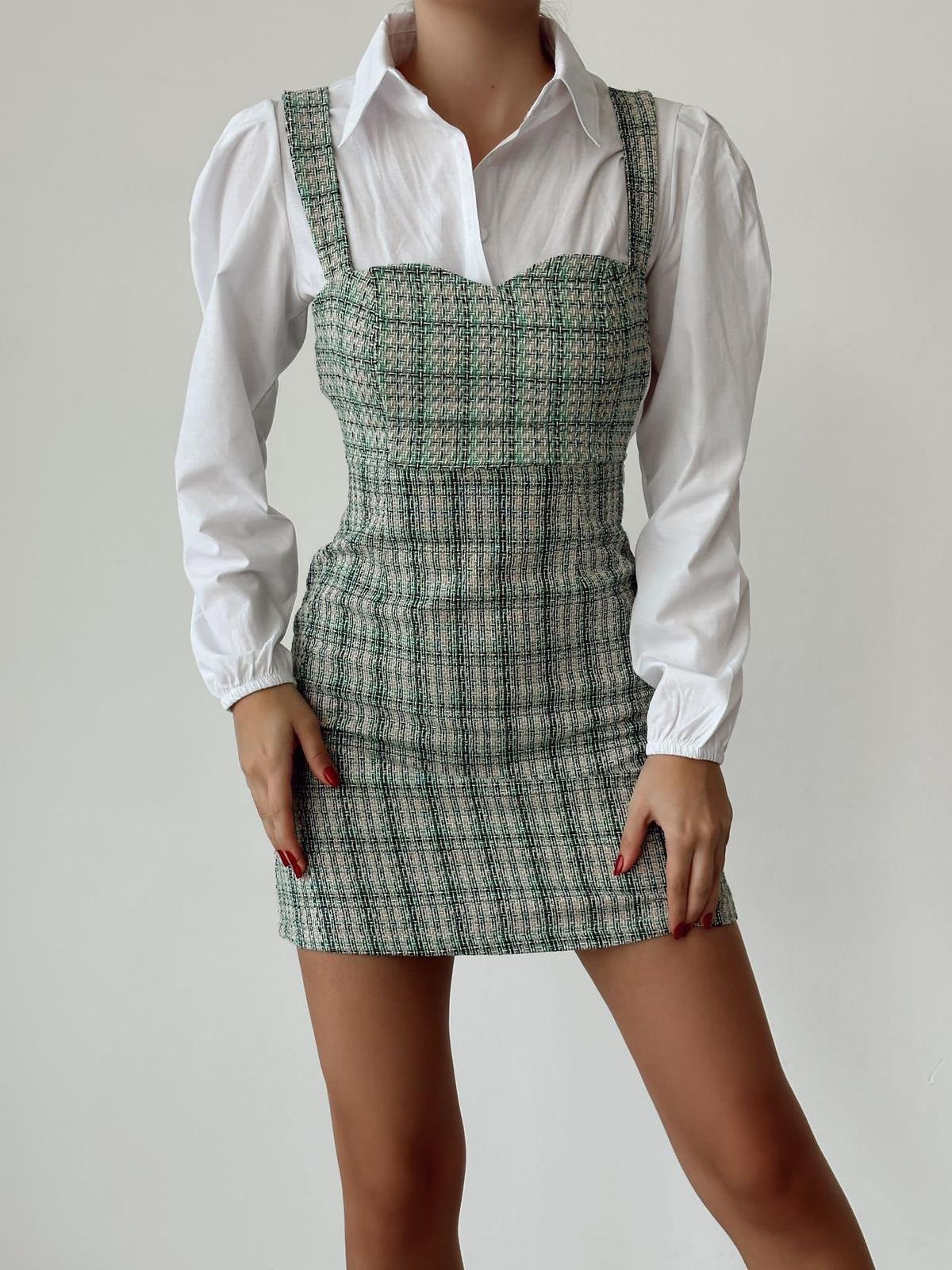 Gömlekli Tüvit Mini Elbise - YEŞİL RENK