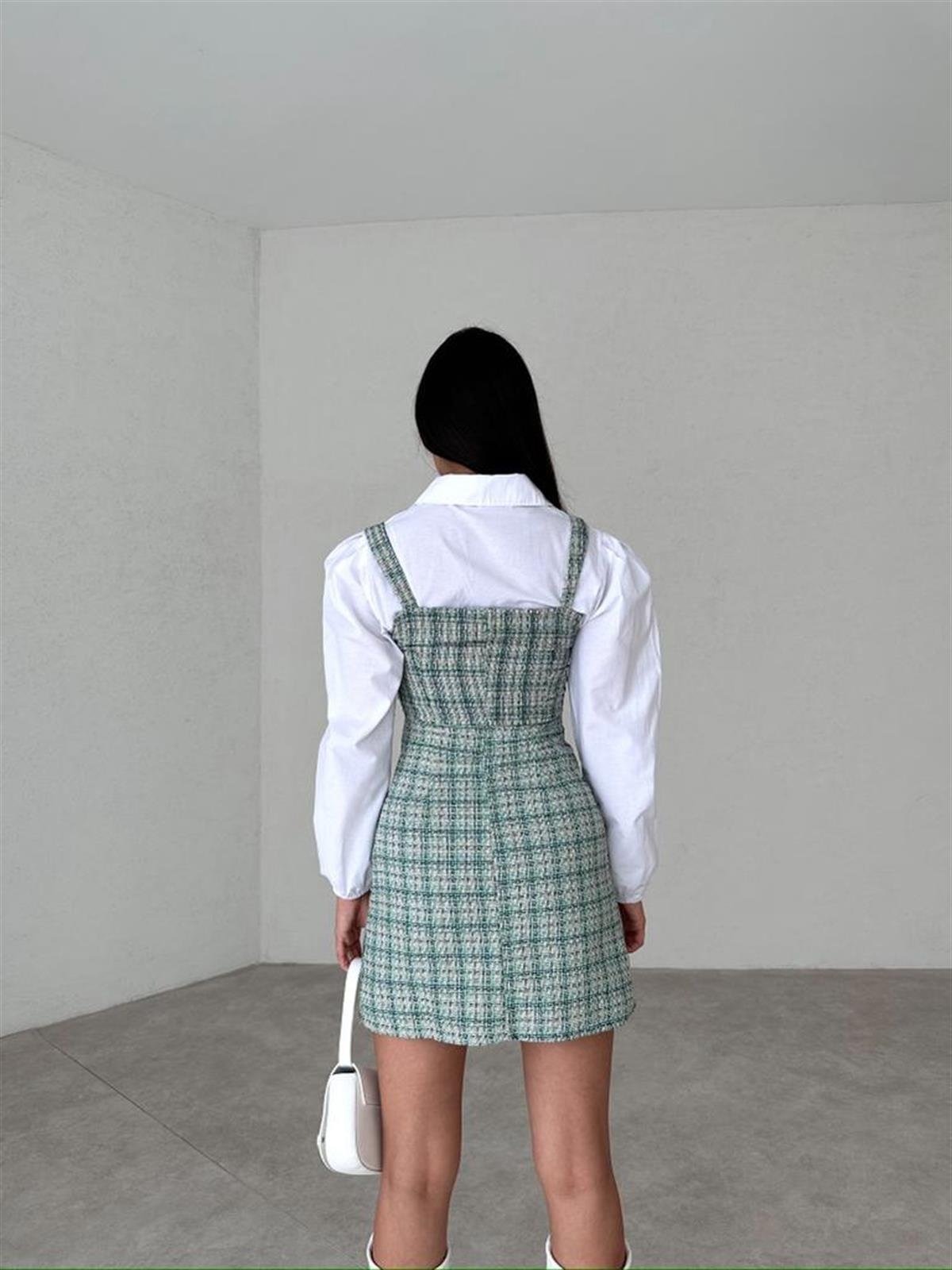 Gömlekli Tüvit Mini Elbise - YEŞİL RENK