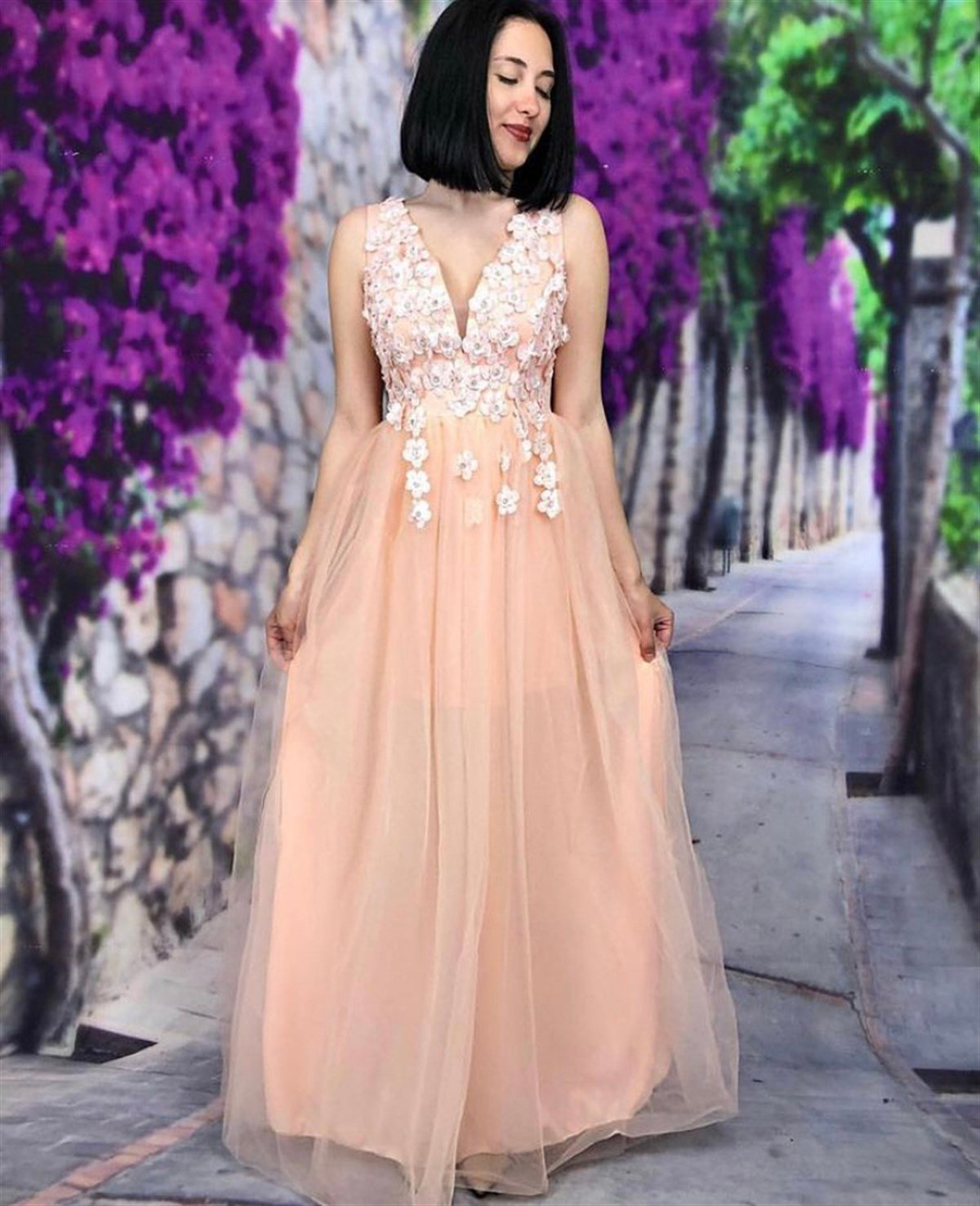 Güpür Çiçek işlemeli Tül Abiye - SOMON  