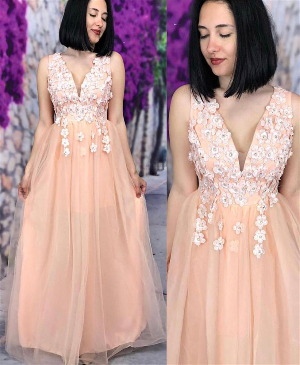 Güpür Çiçek işlemeli Tül Abiye - SOMON  