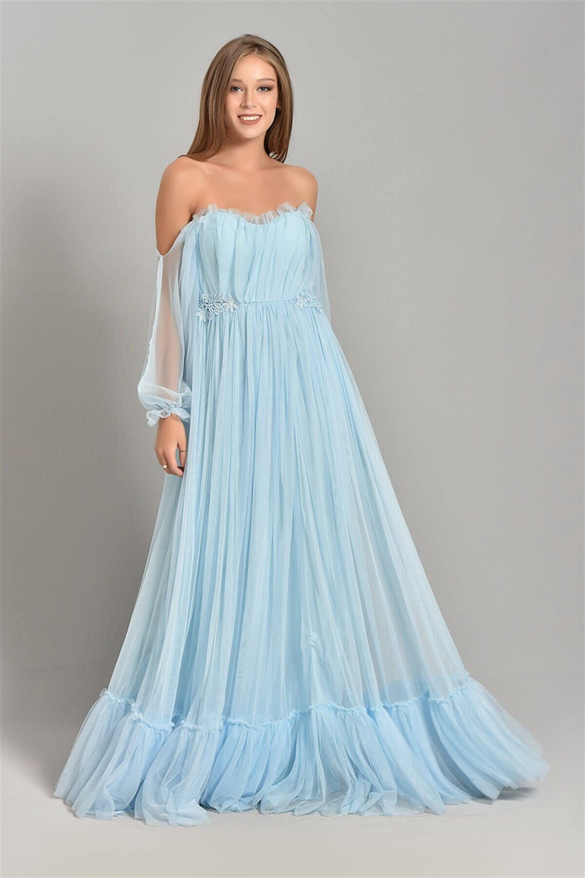 Güpür Detay Tül Elbise - BEBE MAVİ