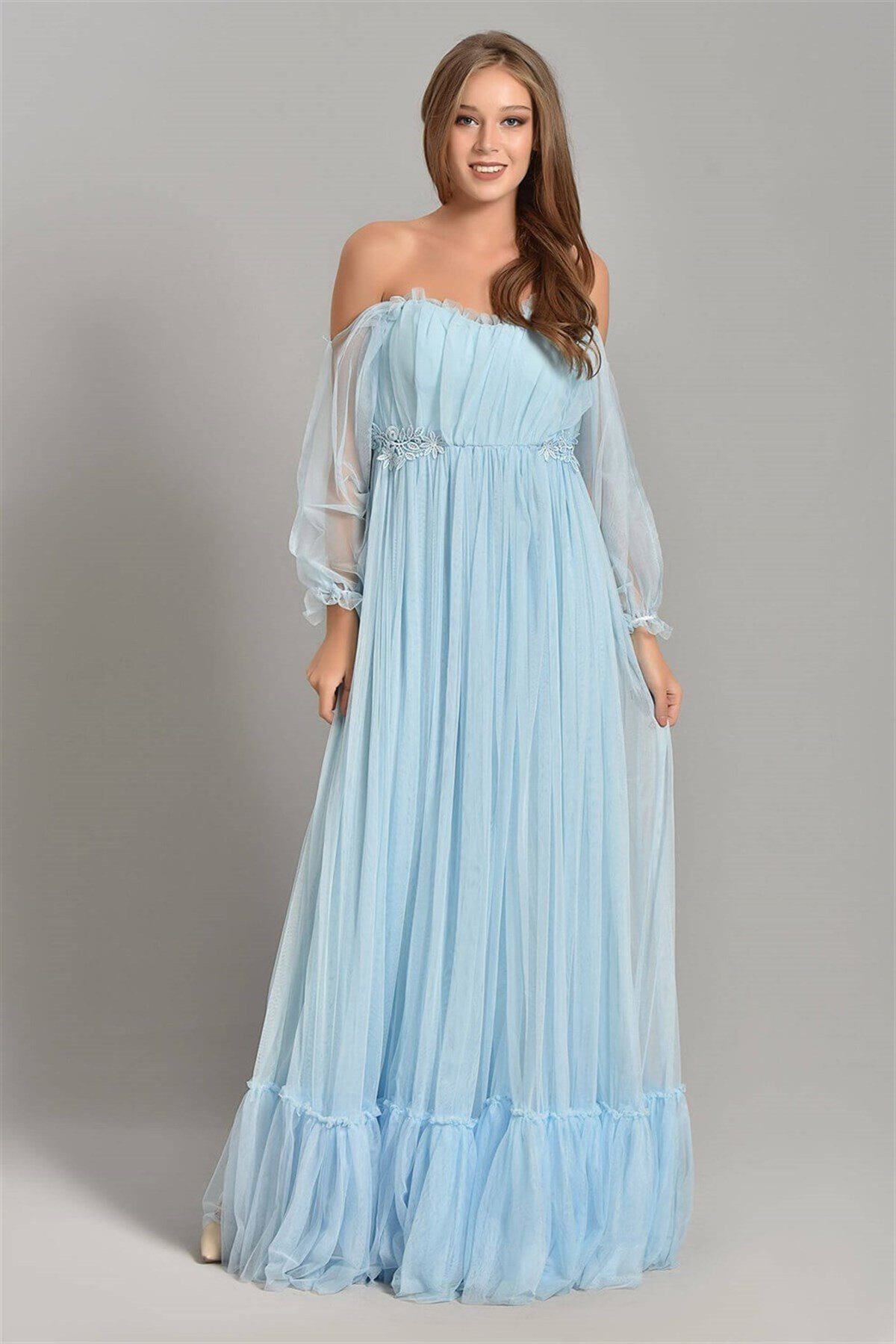 Güpür Detay Tül Elbise - BEBE MAVİ