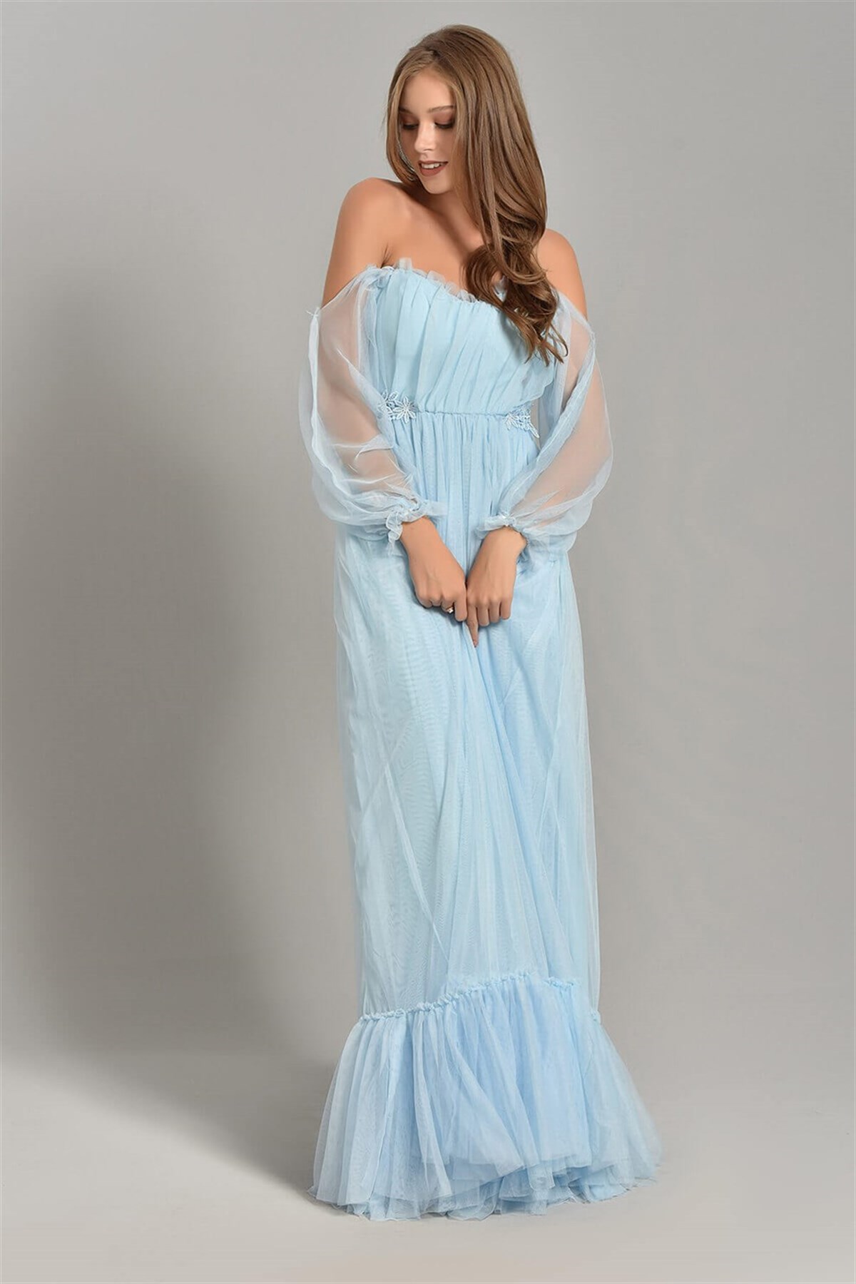 Güpür Detay Tül Elbise - BEBE MAVİ