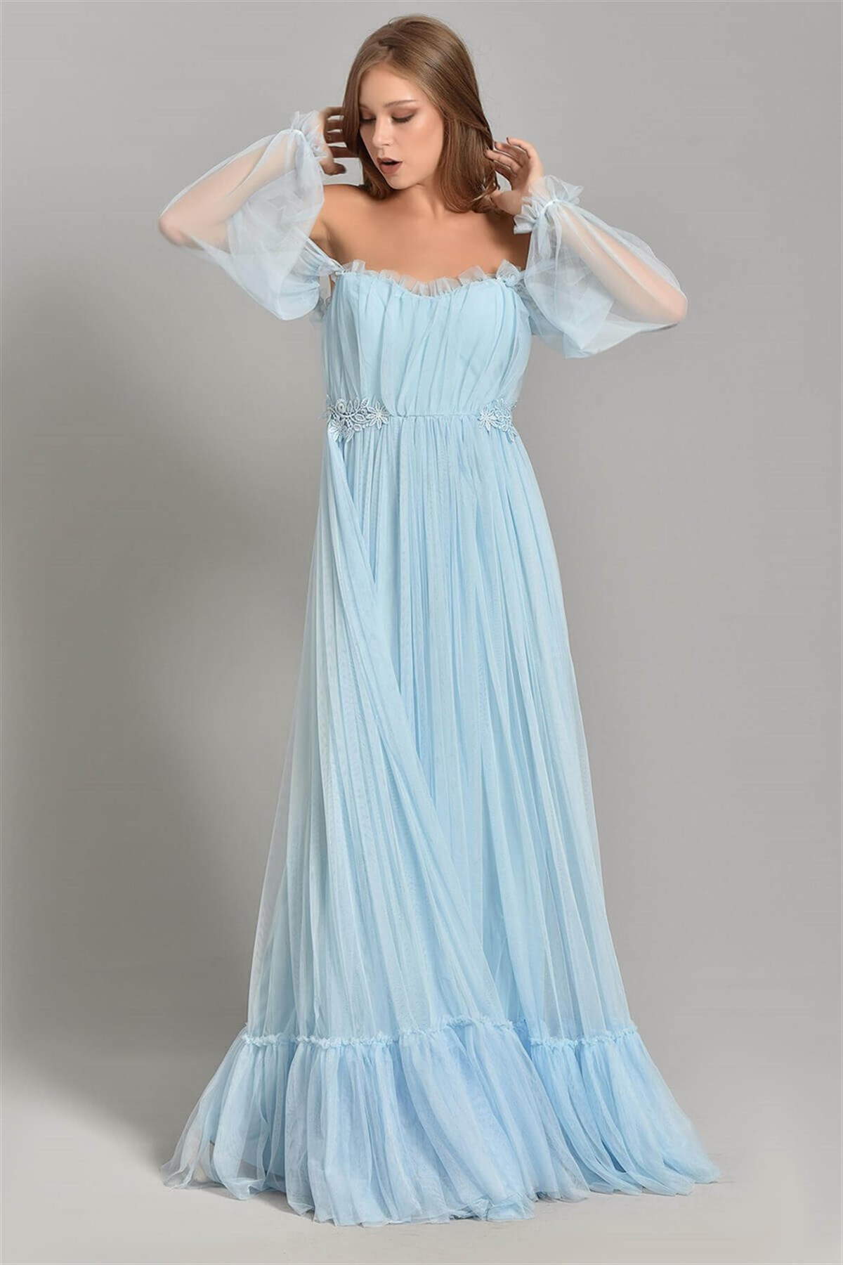 Güpür Detay Tül Elbise - BEBE MAVİ