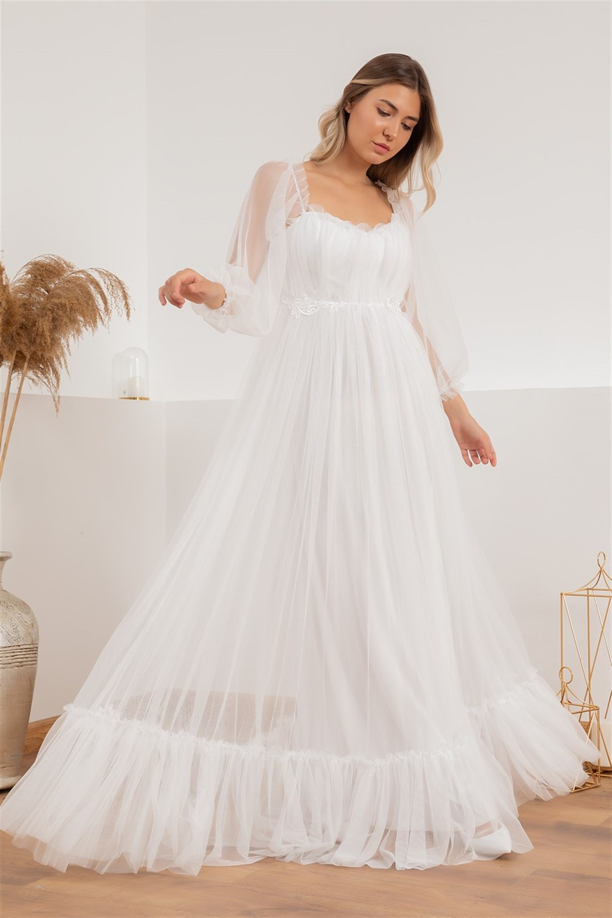 Güpür Detay Tül Elbise - BEYAZ