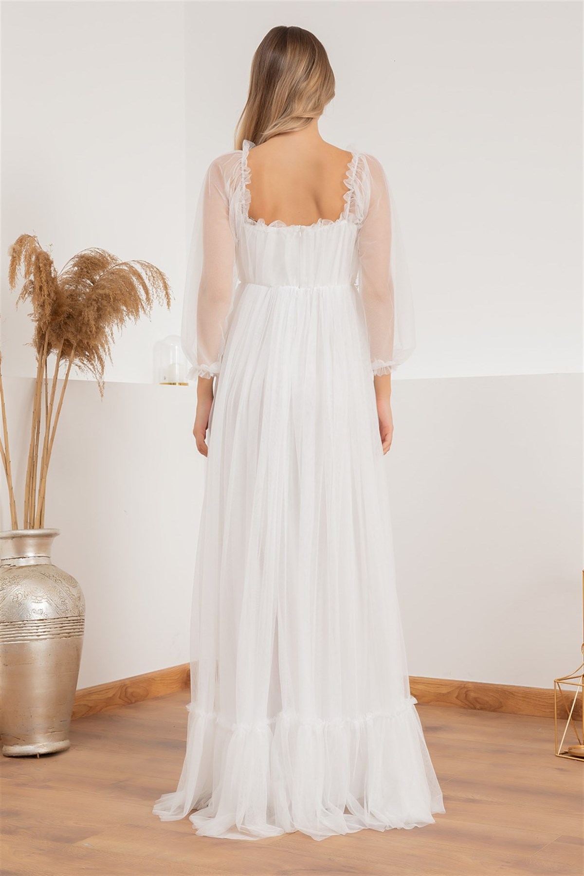 Güpür Detay Tül Elbise - BEYAZ