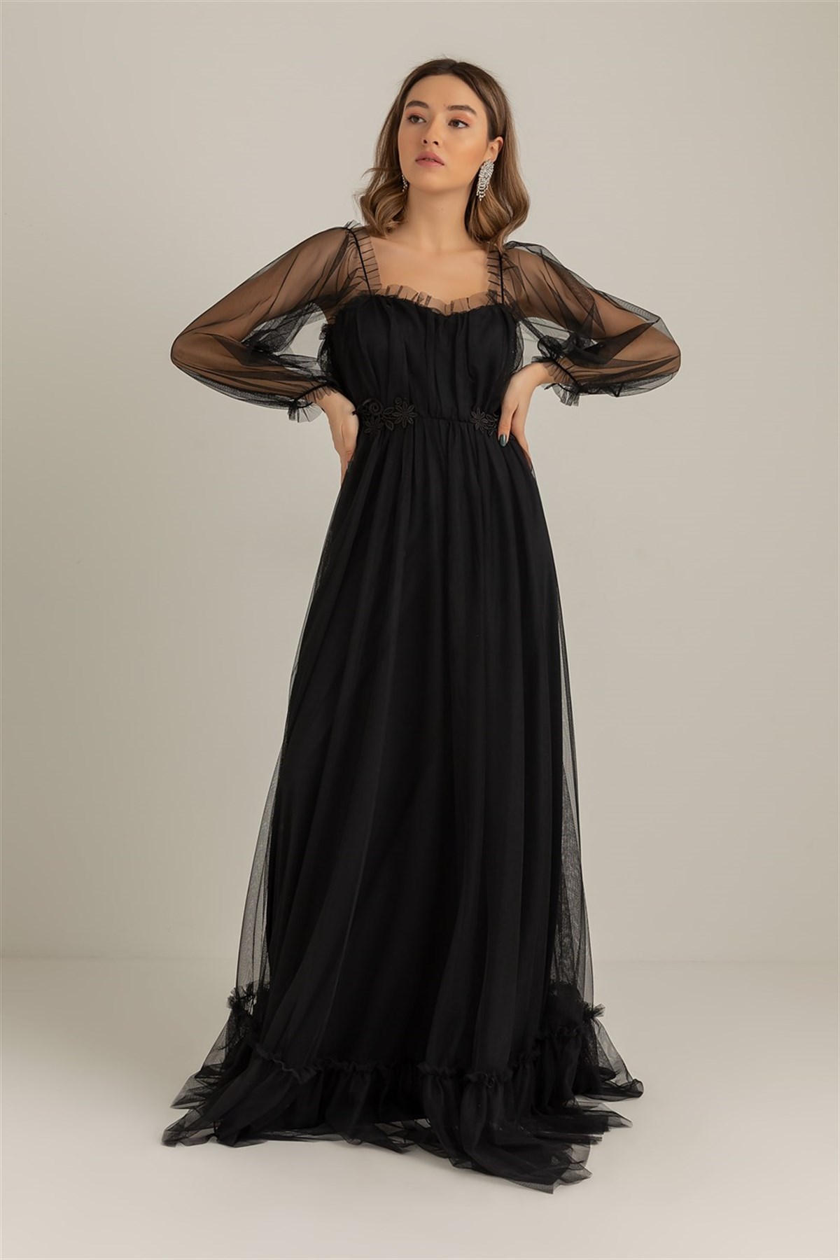 Güpür Detay Tül Elbise - SİYAH