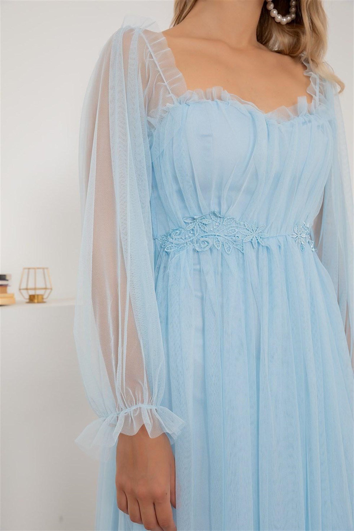 Güpür Detay Tül Elbise - BEBE MAVİ