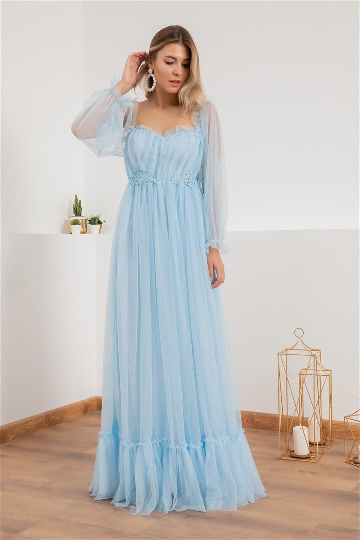 Güpür Detay Tül Elbise - BEBE MAVİ