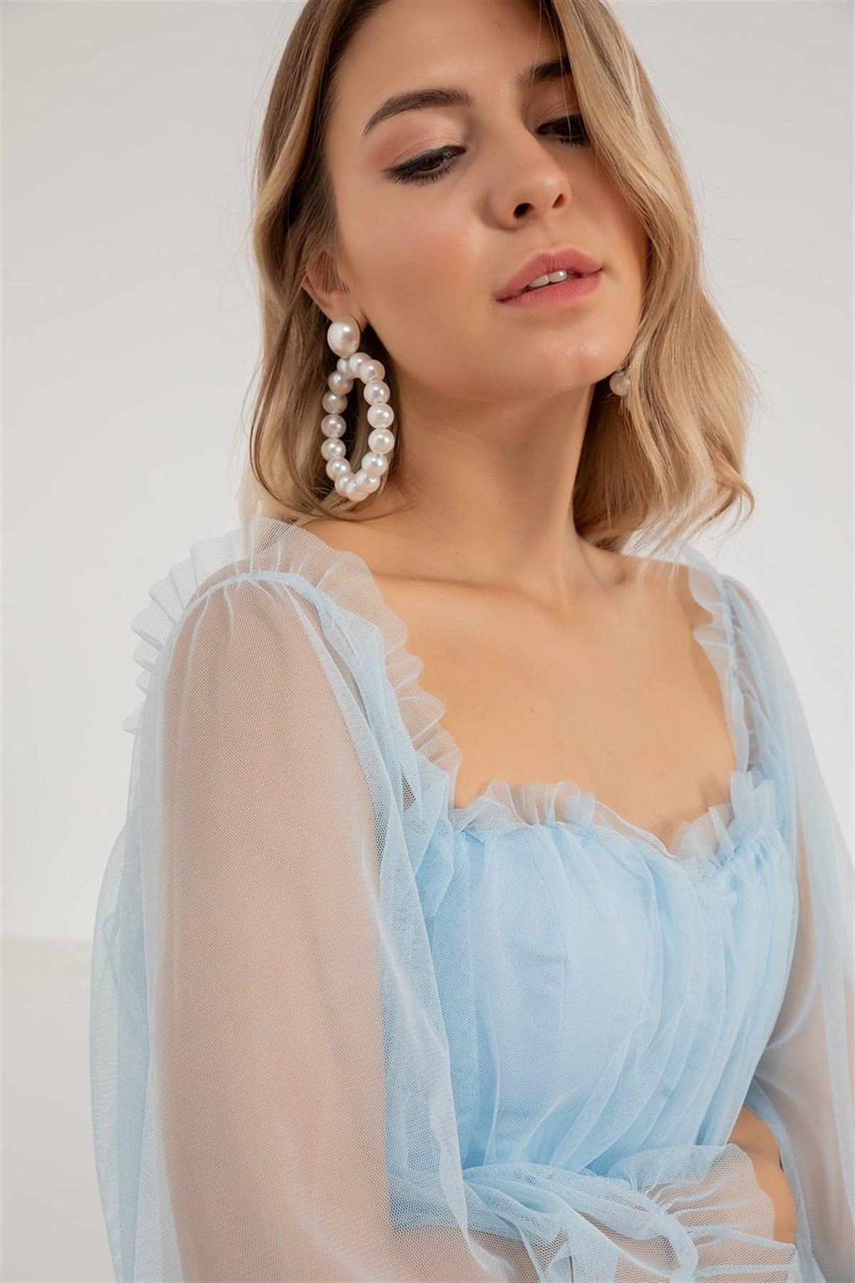 Güpür Detay Tül Elbise - BEBE MAVİ