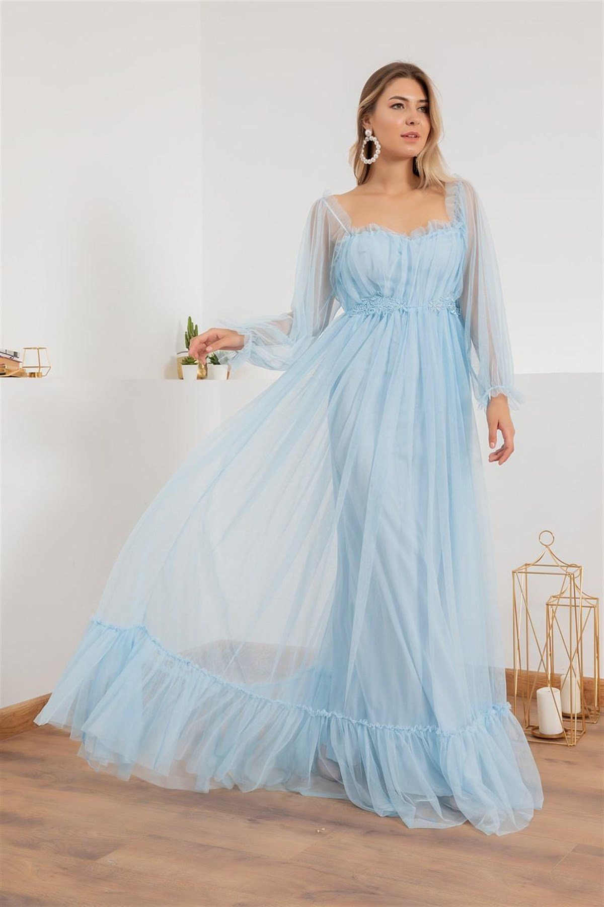 Güpür Detay Tül Elbise - BEBE MAVİ