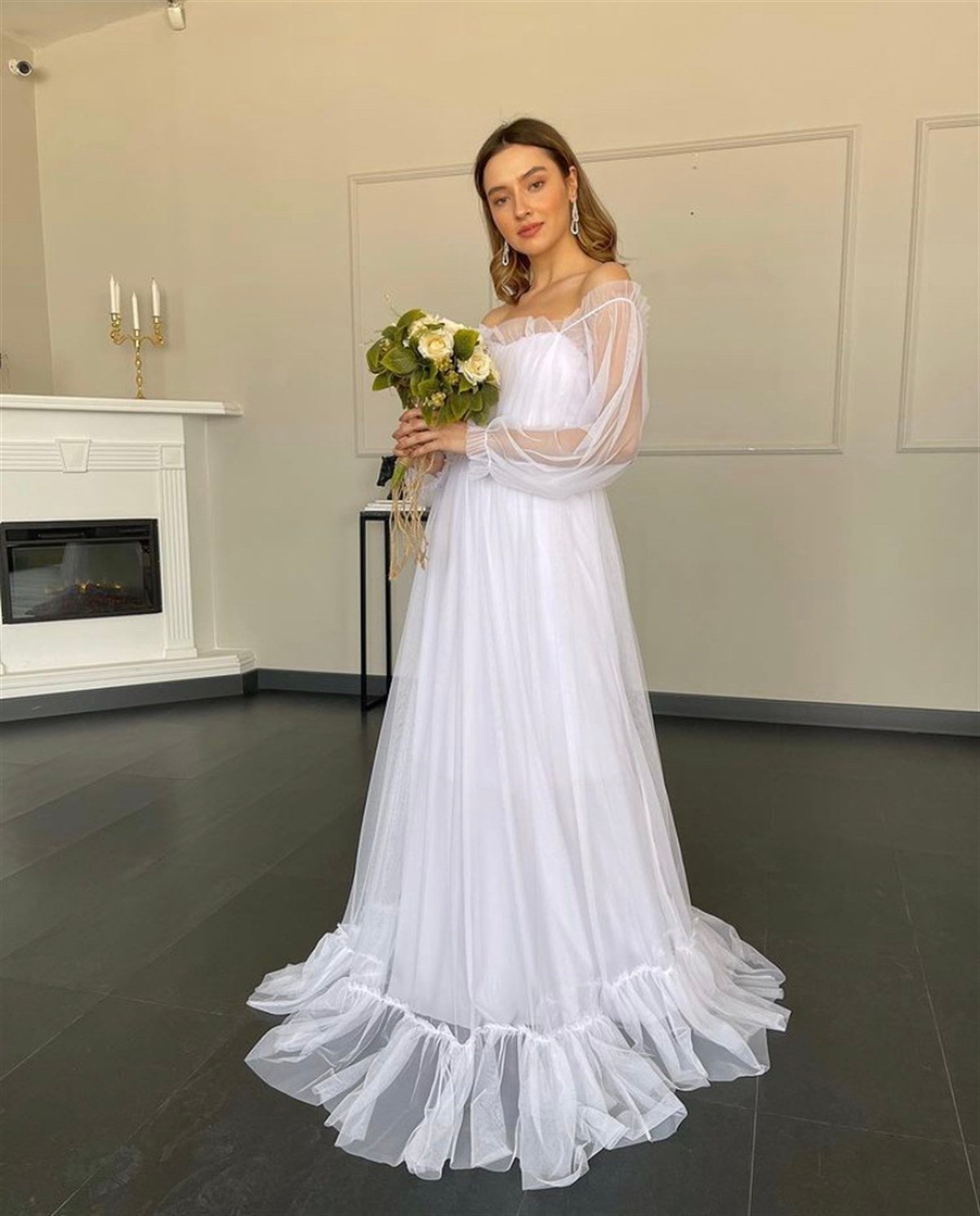 Güpür Detay Tül Elbise - BEYAZ