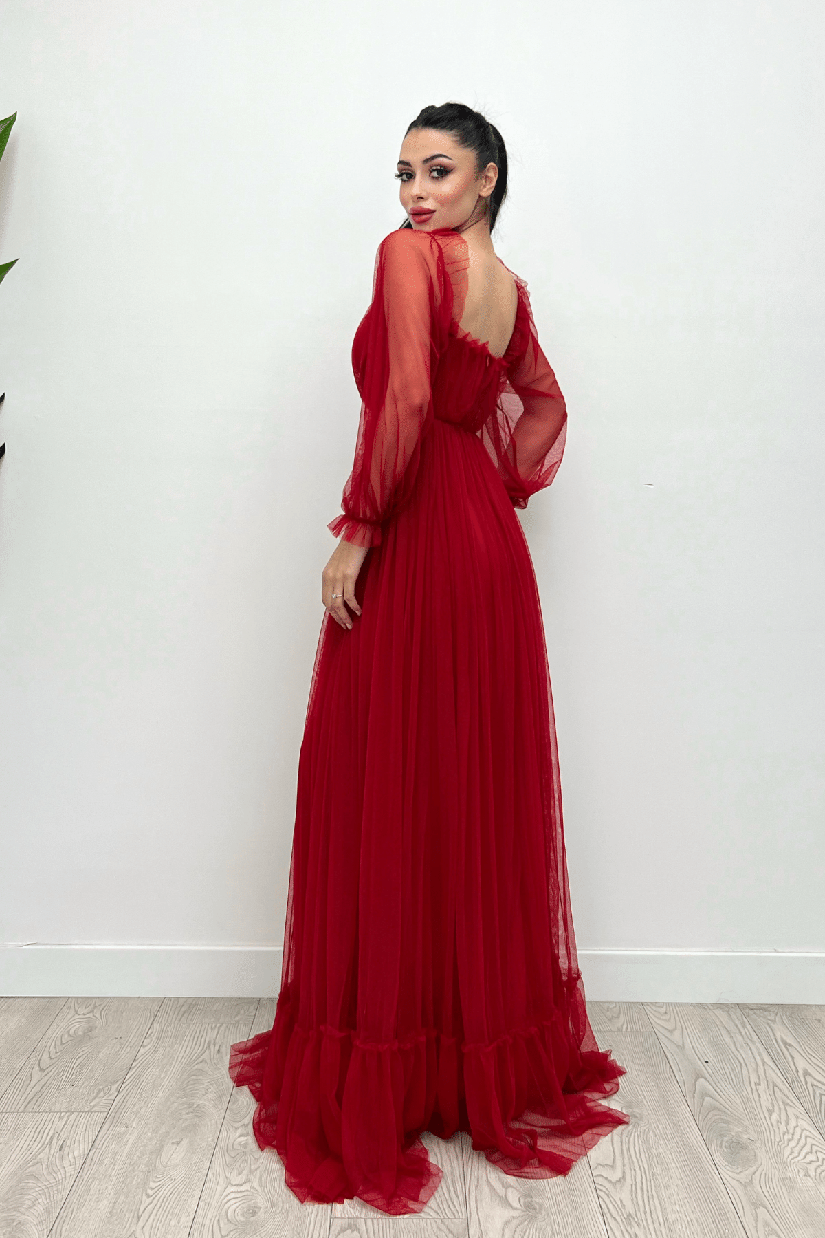 Güpür Detay Tül Elbise - KIRMIZI