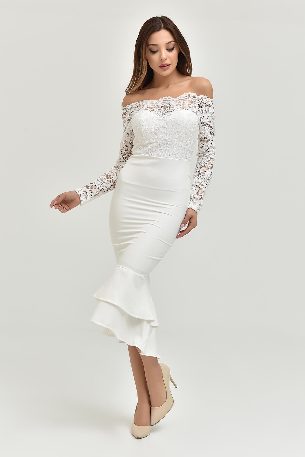 Güpür Ve Volan Detay Elbise - BEYAZ