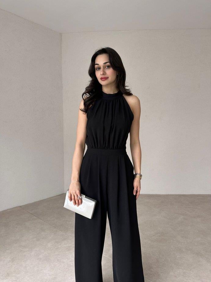 Halter Yaka Kolsuz Drapeli Plazzo Model Belden Oturtmalı Cepli Bol Paça Uzun Tulum - SİYAH