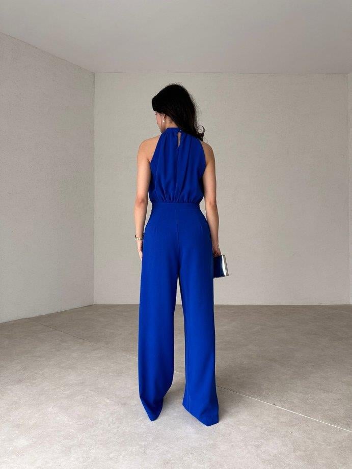 Halter Yaka Kolsuz Drapeli Plazzo Model Belden Oturtmalı Cepli Bol Paça Uzun Tulum - SAKS MAVİ