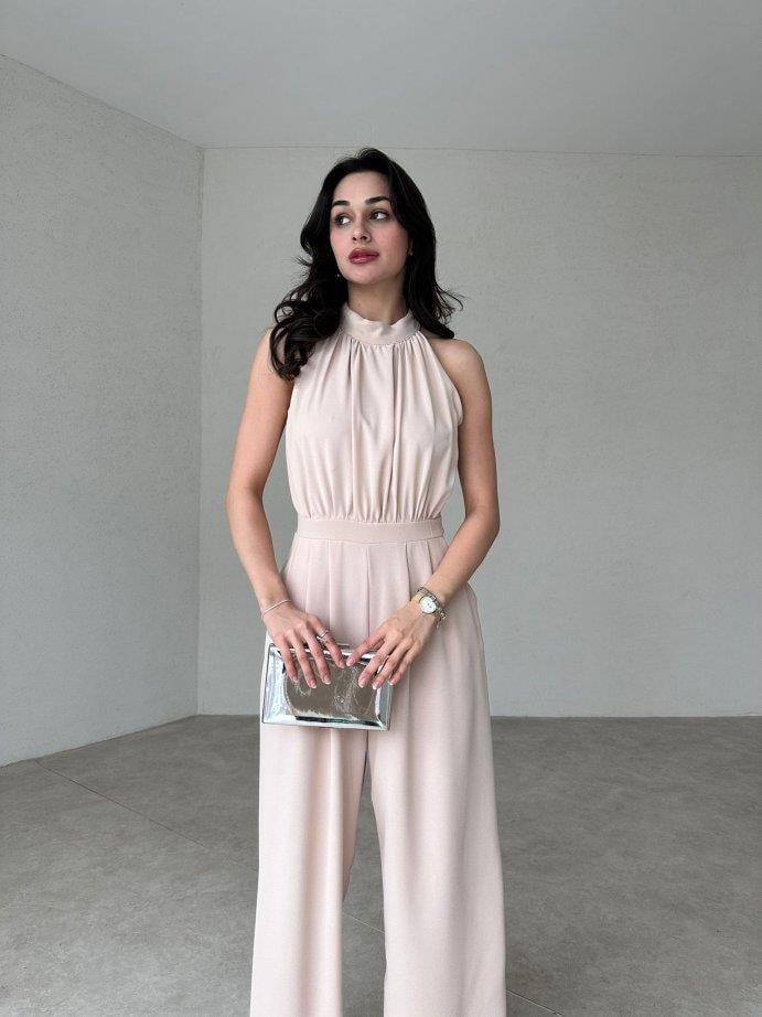 Halter Yaka Kolsuz Drapeli Plazzo Model Belden Oturtmalı Cepli Bol Paça Uzun Tulum - TAŞ RENGİ