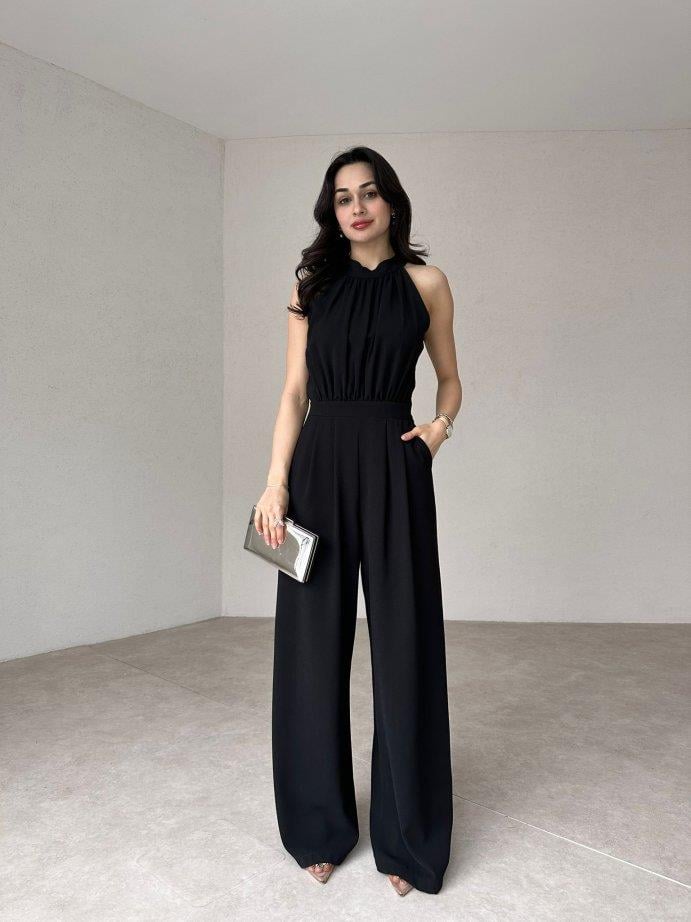 Halter Yaka Kolsuz Drapeli Plazzo Model Belden Oturtmalı Cepli Bol Paça Uzun Tulum - SİYAH