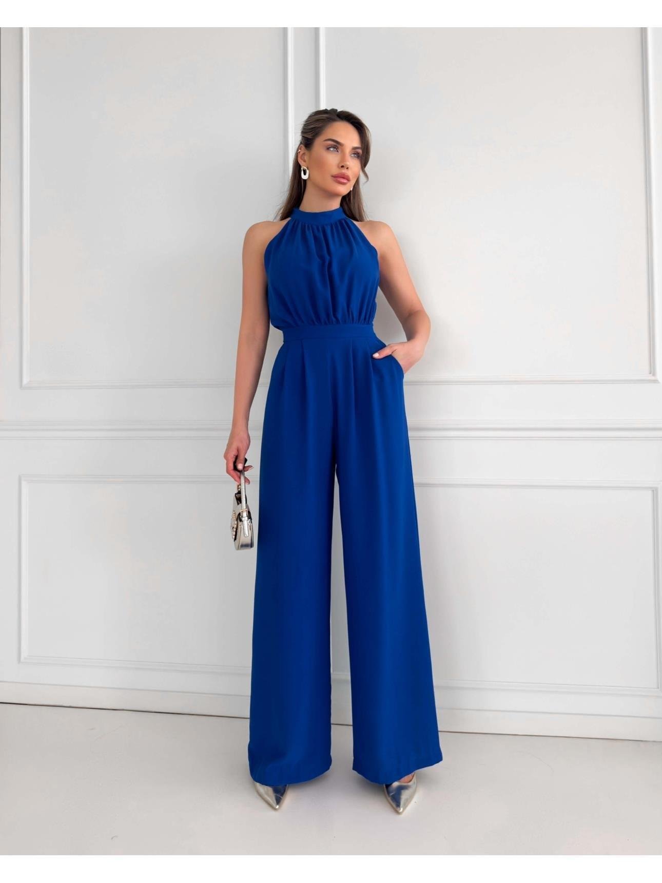 Halter Yaka Kolsuz Drapeli Plazzo Model Belden Oturtmalı Cepli Bol Paça Uzun Tulum - SAKS MAVİ