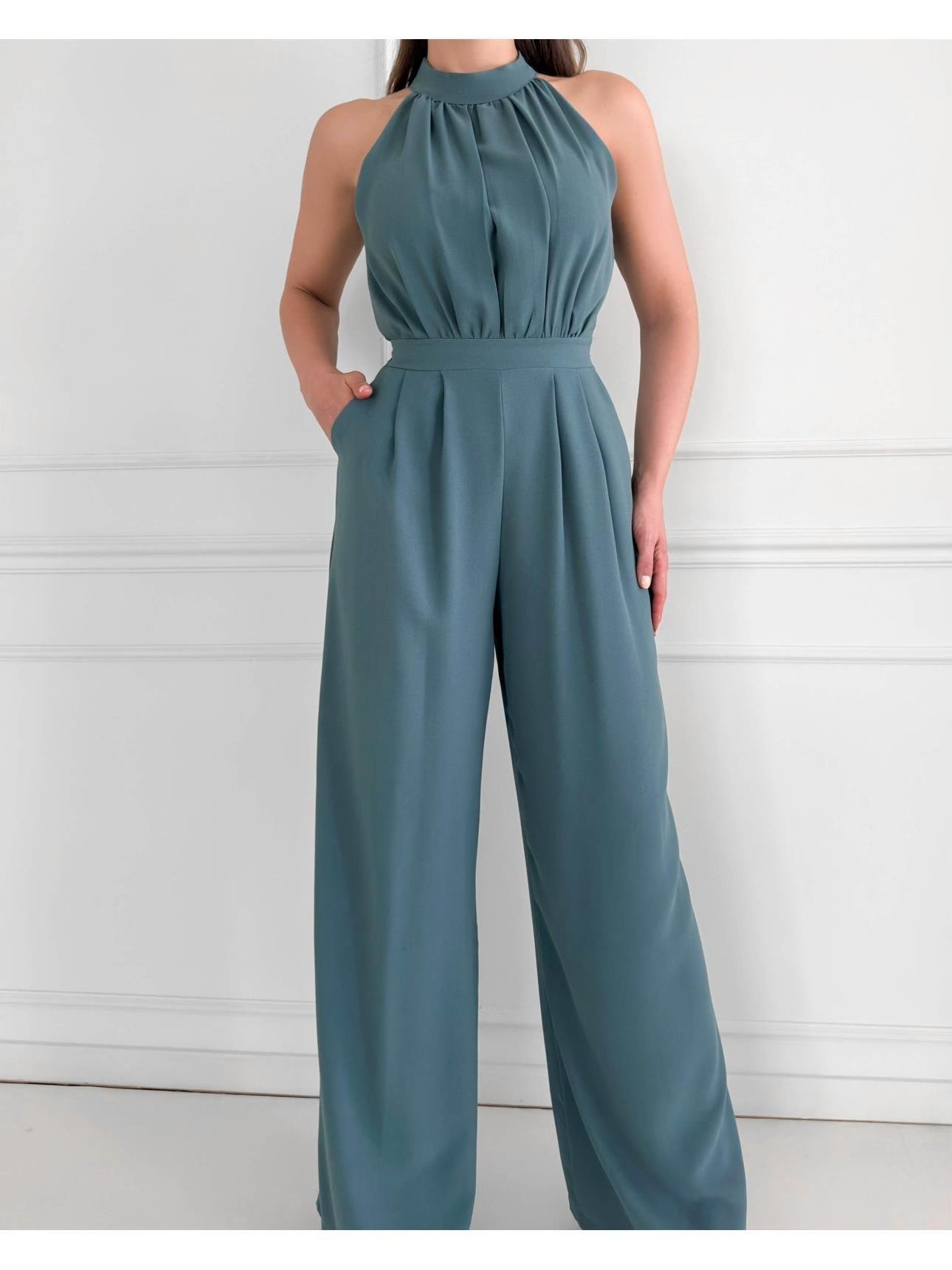 Halter Yaka Kolsuz Drapeli Plazzo Model Belden Oturtmalı Cepli Bol Paça Uzun Tulum - MİNT YEŞİLİ