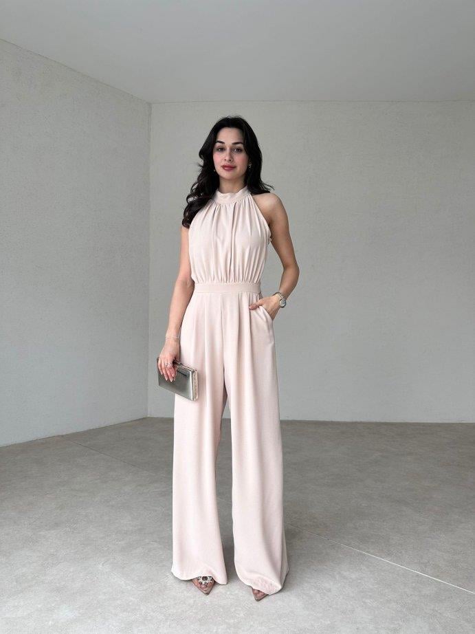 Halter Yaka Kolsuz Drapeli Plazzo Model Belden Oturtmalı Cepli Bol Paça Uzun Tulum - TAŞ RENGİ