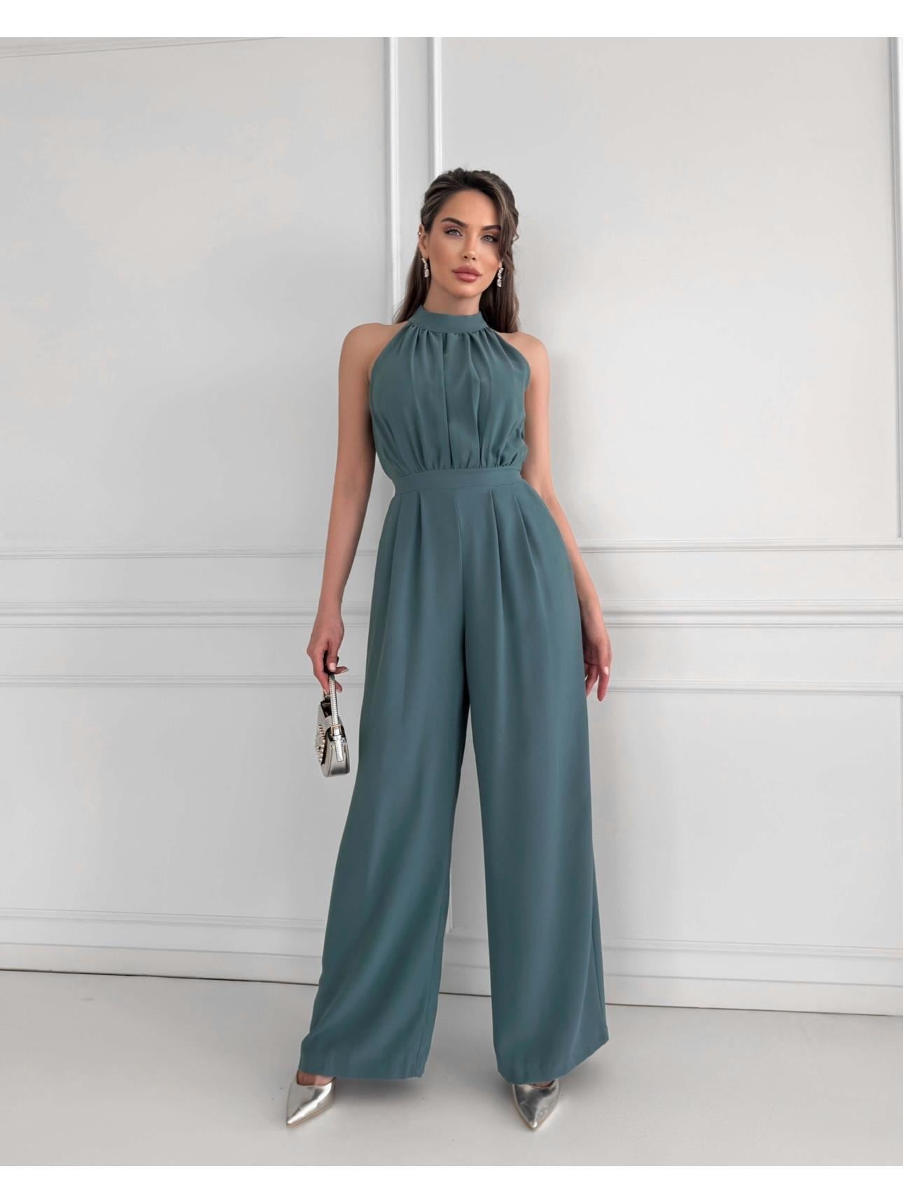 Halter Yaka Kolsuz Drapeli Plazzo Model Belden Oturtmalı Cepli Bol Paça Uzun Tulum - MİNT YEŞİLİ