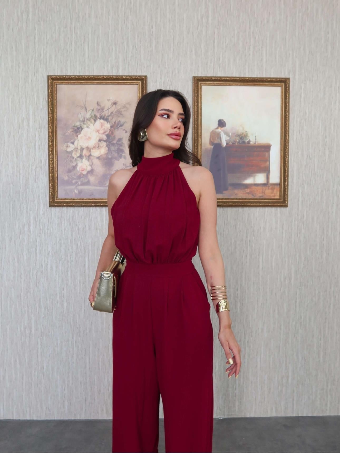 Halter Yaka Kolsuz Drapeli Plazzo Model Belden Oturtmalı Cepli Bol Paça Uzun Tulum - BORDO RENK