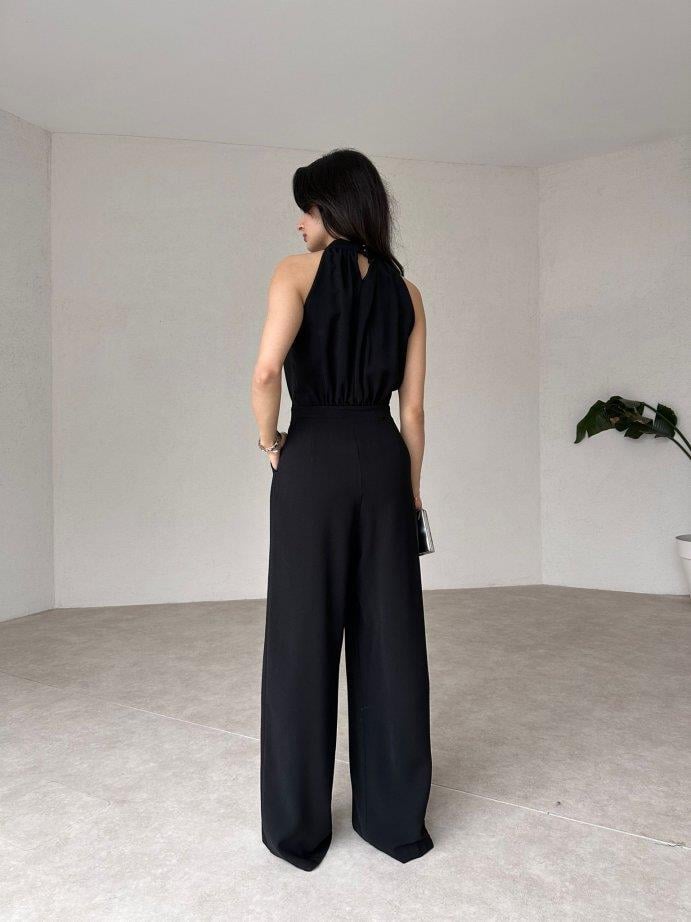Halter Yaka Kolsuz Drapeli Plazzo Model Belden Oturtmalı Cepli Bol Paça Uzun Tulum - SİYAH