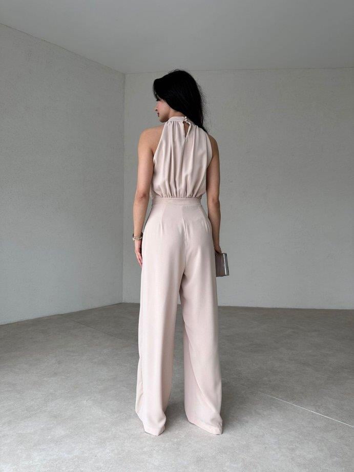 Halter Yaka Kolsuz Drapeli Plazzo Model Belden Oturtmalı Cepli Bol Paça Uzun Tulum - TAŞ RENGİ