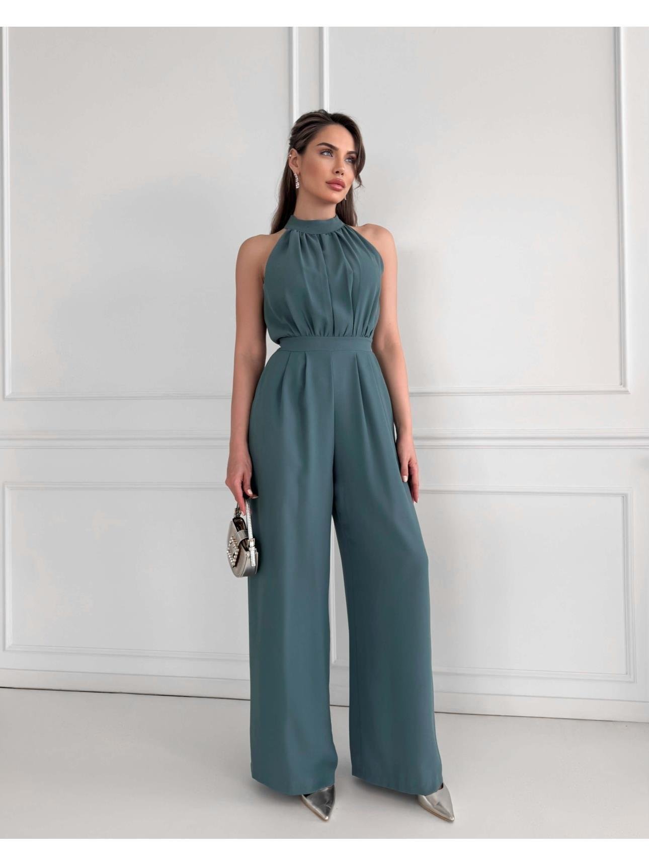 Halter Yaka Kolsuz Drapeli Plazzo Model Belden Oturtmalı Cepli Bol Paça Uzun Tulum - MİNT YEŞİLİ