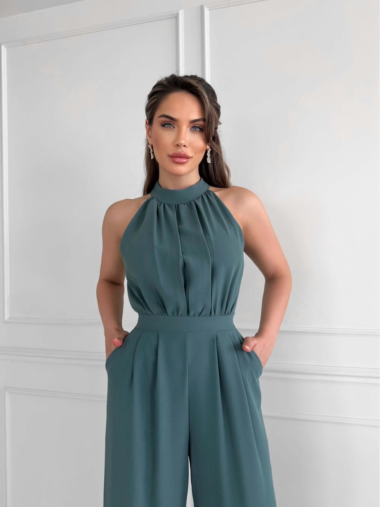 Halter Yaka Kolsuz Drapeli Plazzo Model Belden Oturtmalı Cepli Bol Paça Uzun Tulum - MİNT YEŞİLİ