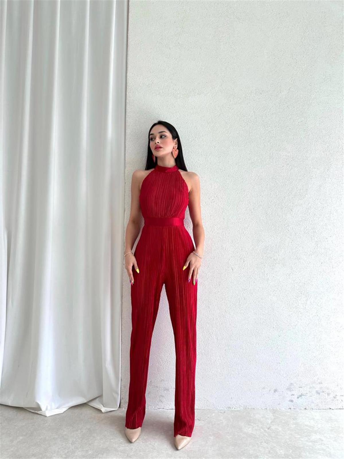 Halter Yaka Pileli Tulum - KIRMIZI