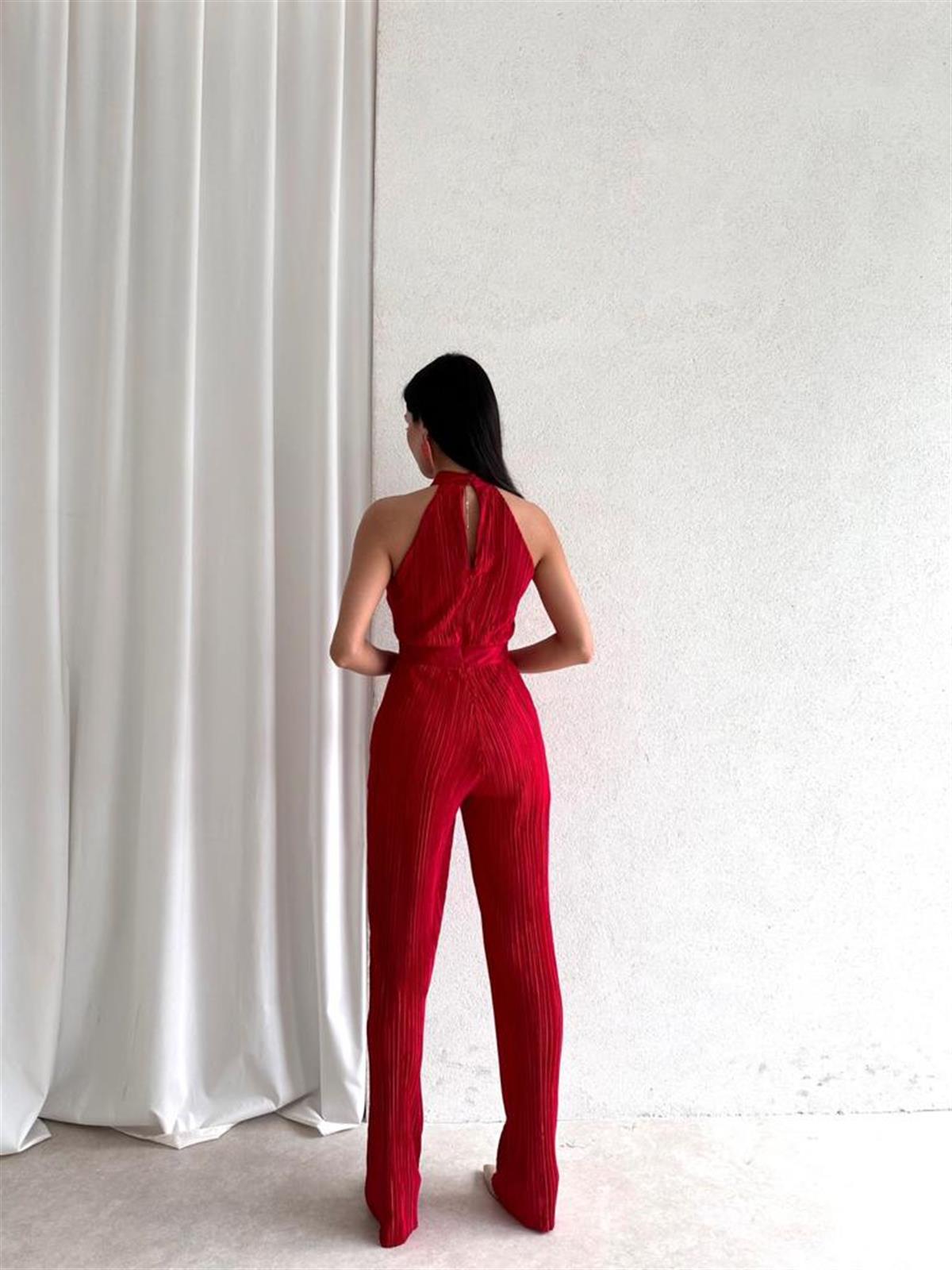 Halter Yaka Pileli Tulum - KIRMIZI