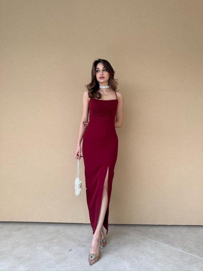 İnce Askılı Belden Oturtmalı Yırtmaçlı Elbise - BORDO