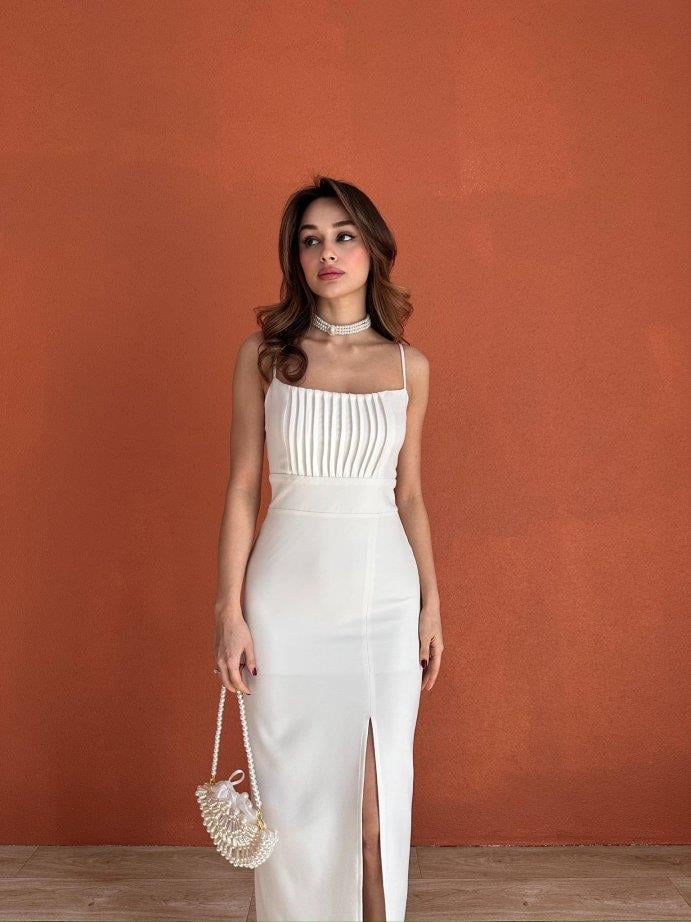 İnce Askılı Belden Oturtmalı Yırtmaçlı Elbise - BEYAZ