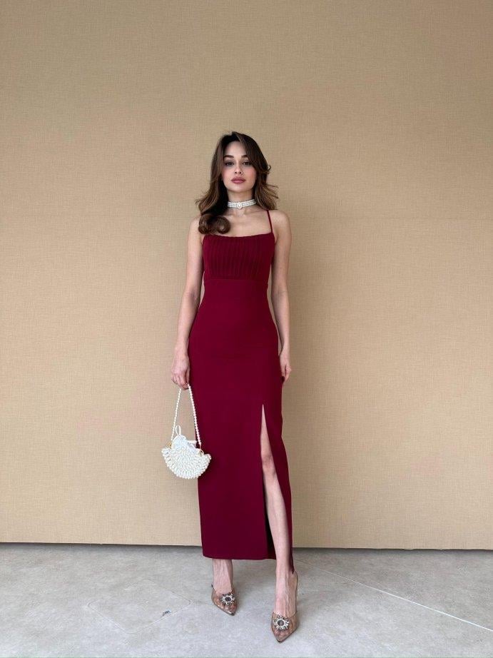 İnce Askılı Belden Oturtmalı Yırtmaçlı Elbise - BORDO