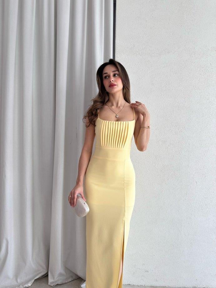 İnce Askılı Belden Oturtmalı Yırtmaçlı Elbise - AÇIK SARI