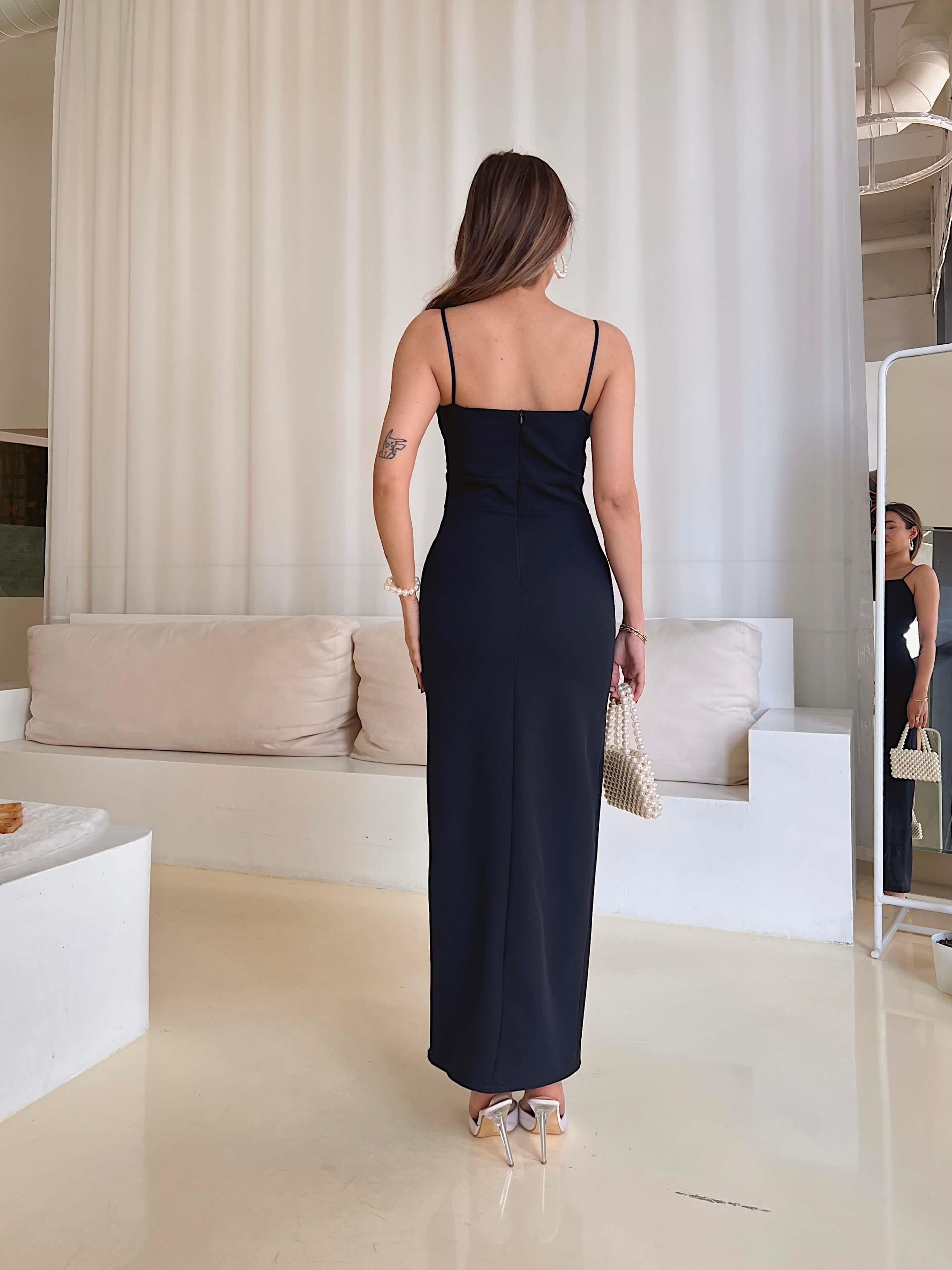 İnce Askılı Belden Oturtmalı Yırtmaçlı Elbise - LACİVERT 