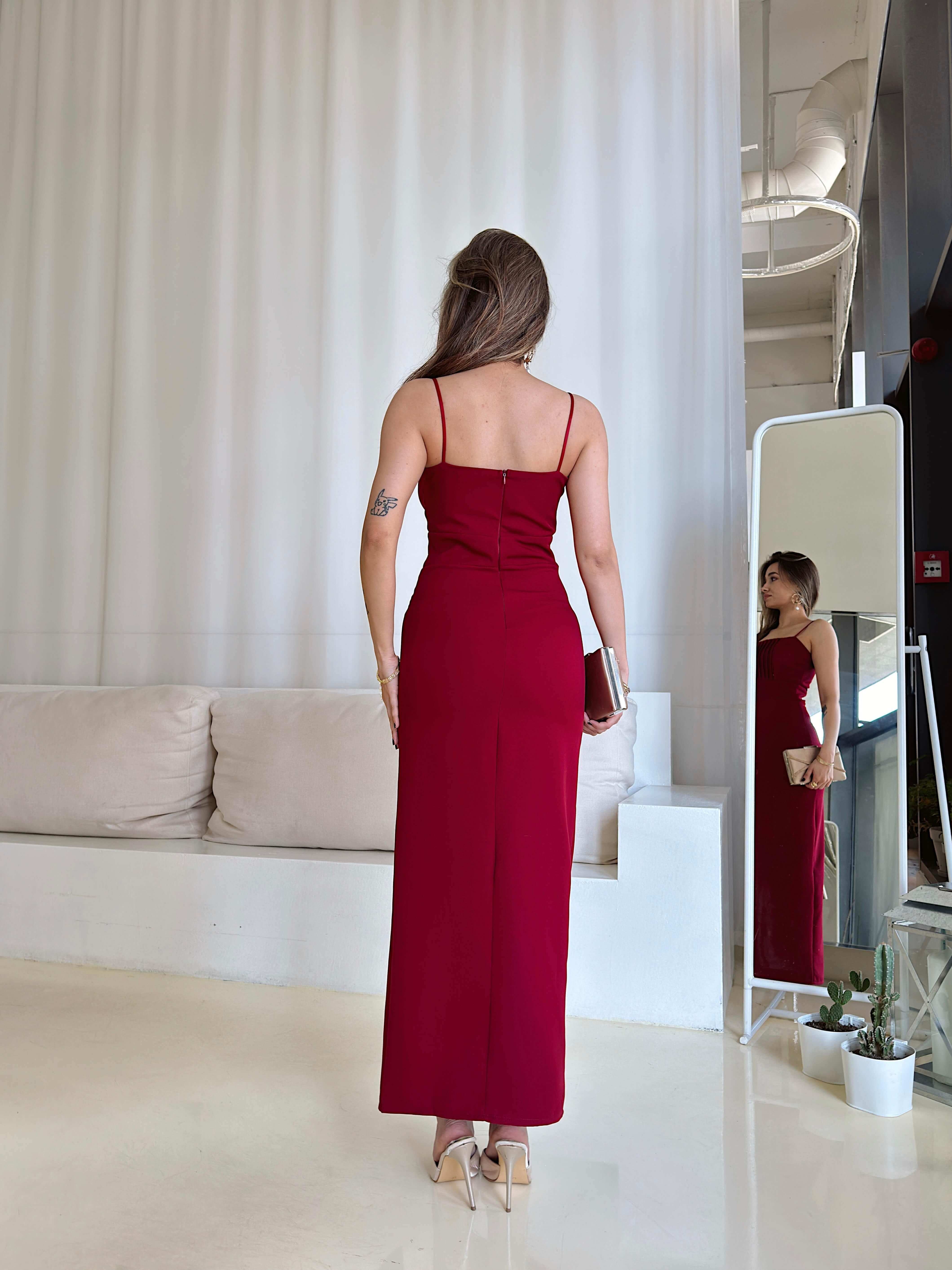 İnce Askılı Belden Oturtmalı Yırtmaçlı Elbise - BORDO