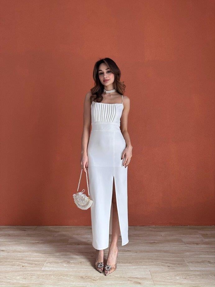 İnce Askılı Belden Oturtmalı Yırtmaçlı Elbise - BEYAZ