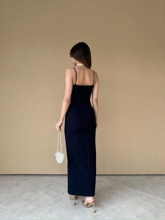 İnce Askılı Belden Oturtmalı Yırtmaçlı Elbise - LACİVERT 