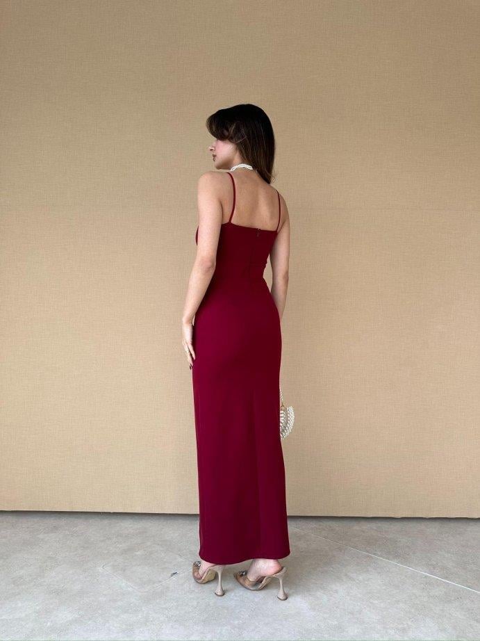 İnce Askılı Belden Oturtmalı Yırtmaçlı Elbise - BORDO