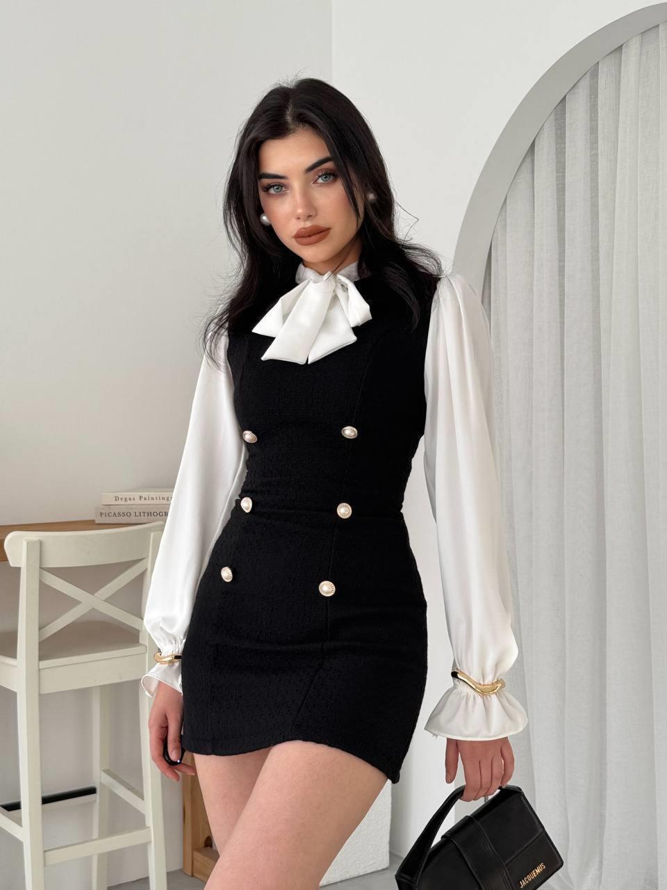 İnci Düğme Detaylı Gömlek Yaka Mini Kadın Elbise – Siyah